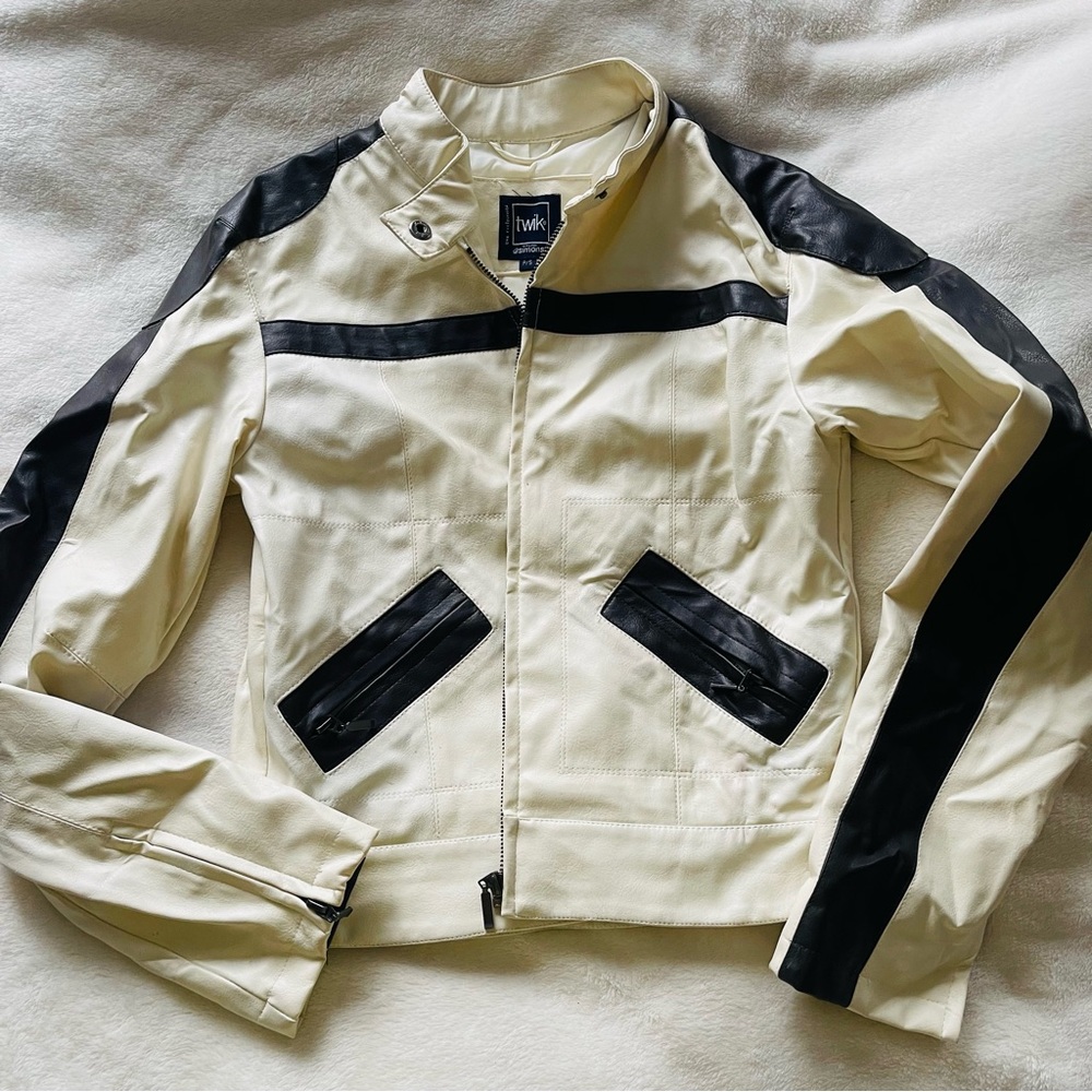 NEW Moto Off white and brown Vegan Leather Jacket